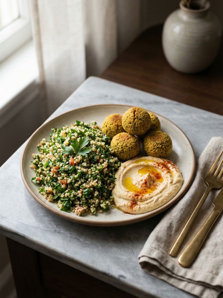 Baked Falafel with Tabbouleh and Hummus