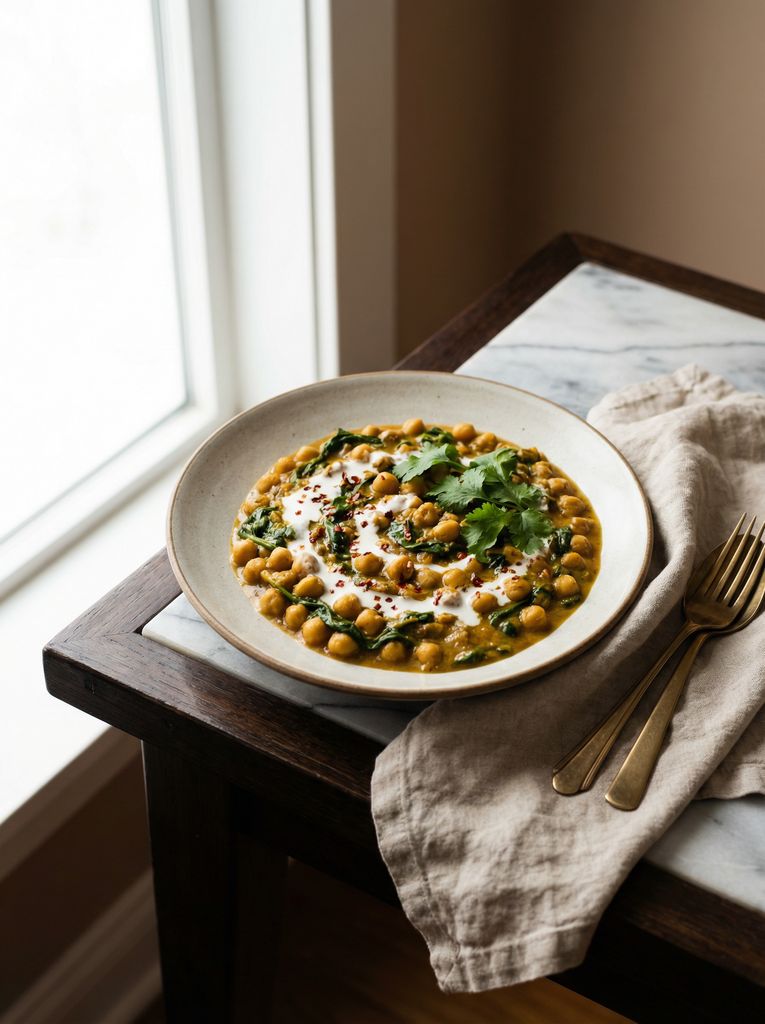 Chickpea and Spinach Coconut Curry, plated (AI-generated illustration)
