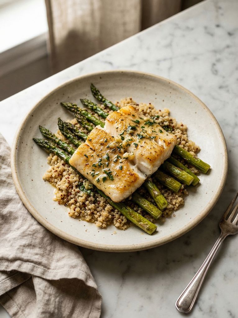 Garlic Butter Cod with Quinoa and Asparagus
