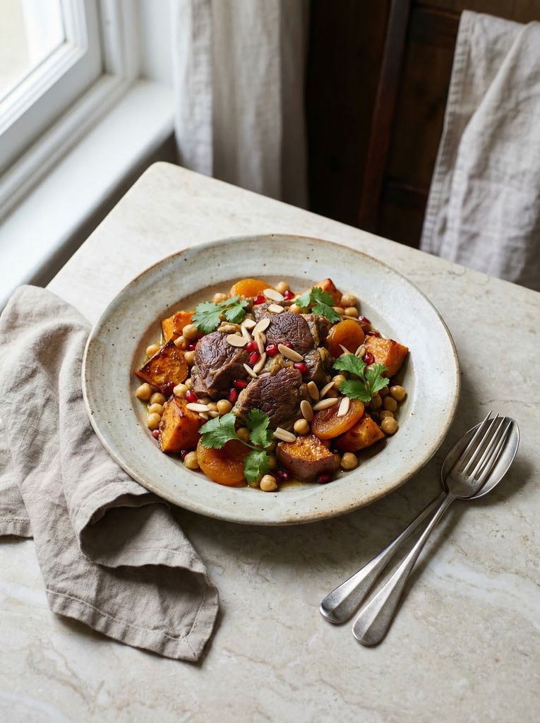 Lamb and Vegetable Tagine, plated (AI-generated illustration)