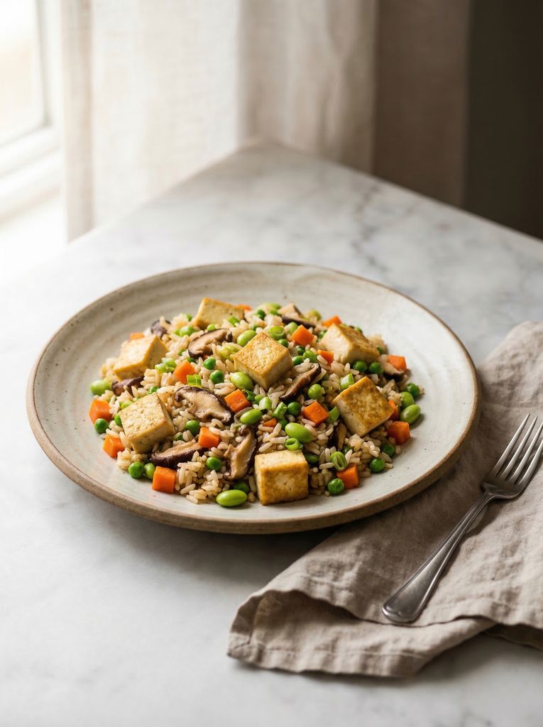 Tofu and Vegetable Fried Rice, plated (AI-generated illustration)