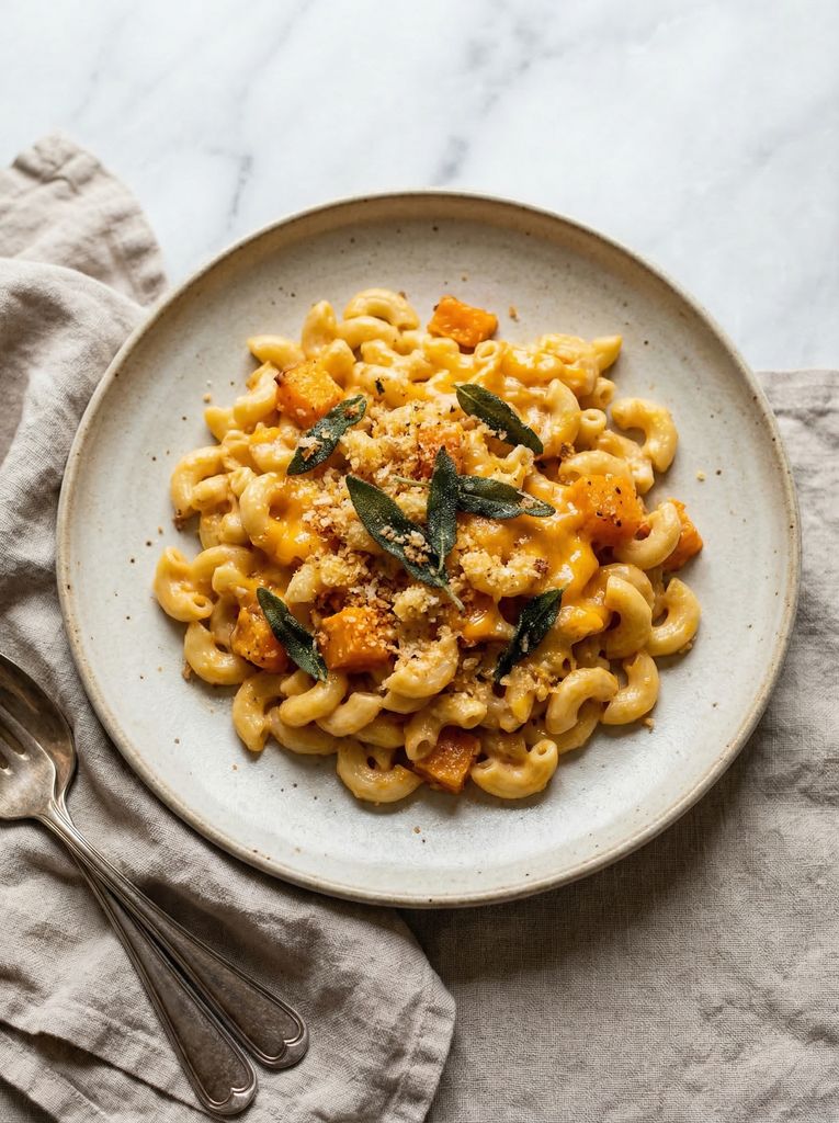 Butternut Squash Mac and Cheese, plated (AI-generated illustration)
