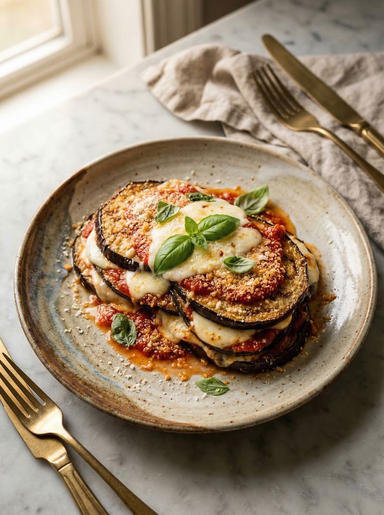 Eggplant Parmesan, plated (AI-generated illustration)