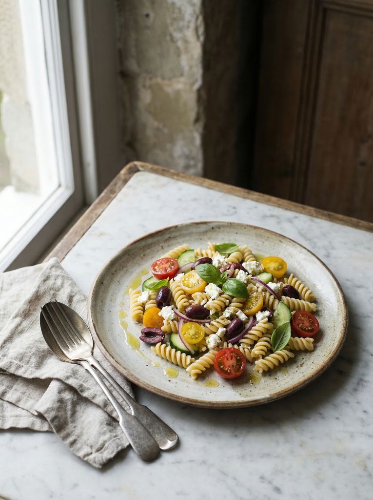 Mediterranean Pasta Salad, plated (AI-generated illustration)