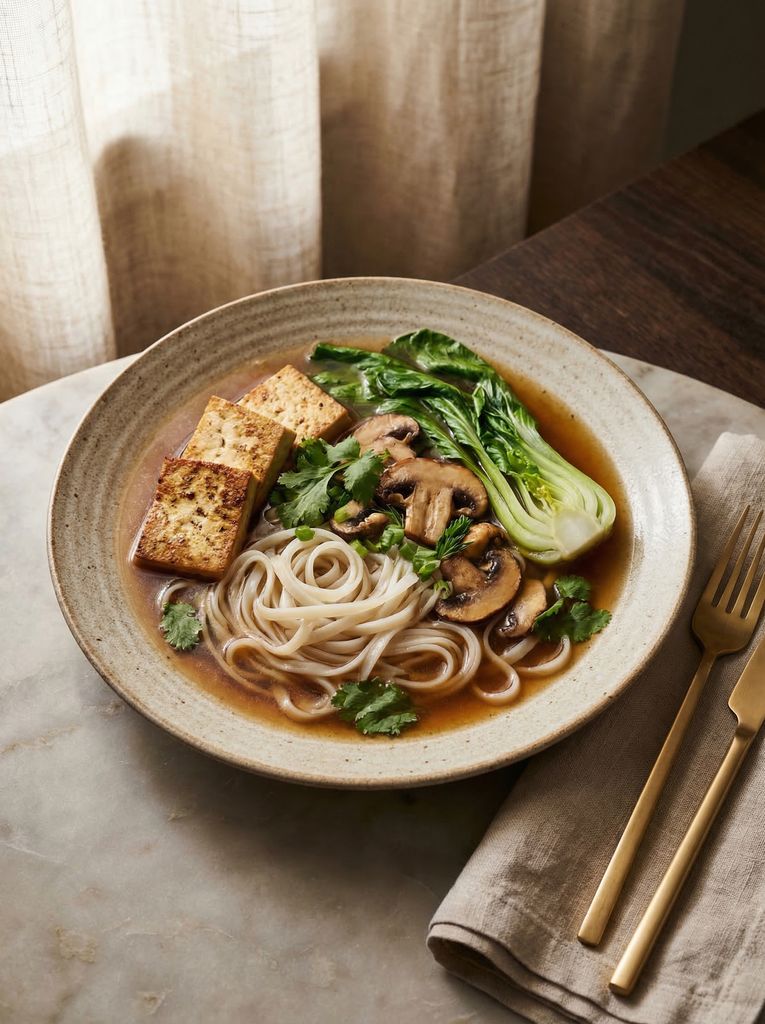 Vegetable Pho, plated (AI-generated illustration)