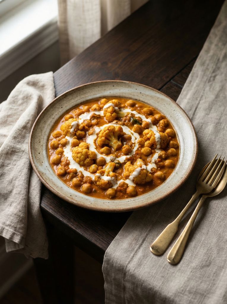 Vegetable Tikka Masala, plated (AI-generated illustration)