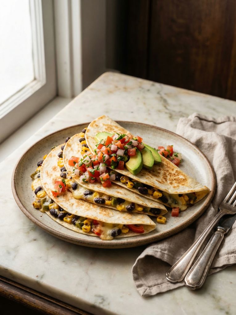 Veggie Quesadillas with Pico de Gallo, plated (AI-generated illustration)