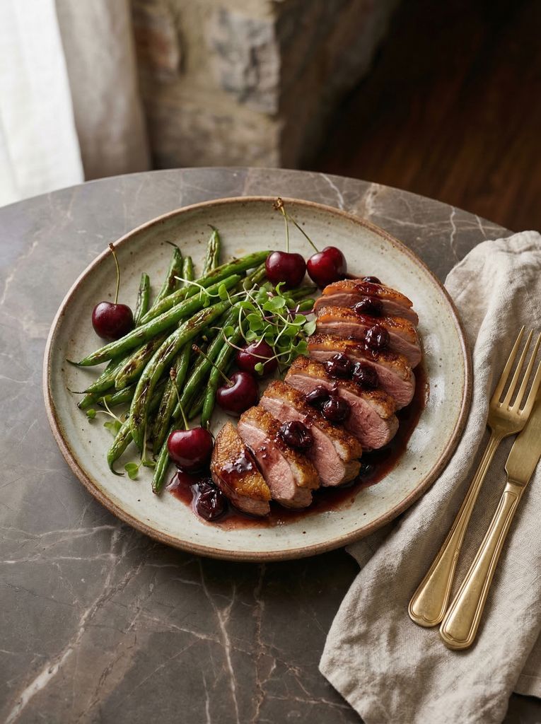 One-Pan Duck Breast with Cherry Sauce and Green Beans