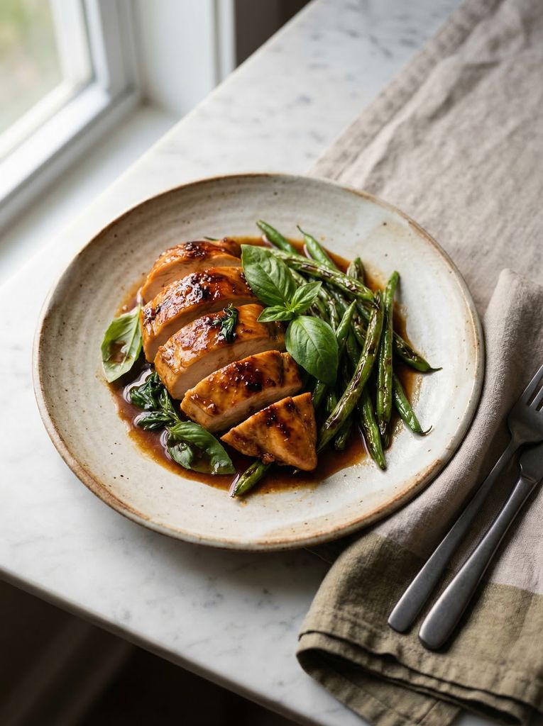 One-Pan Thai Basil Chicken, plated (AI-generated illustration)