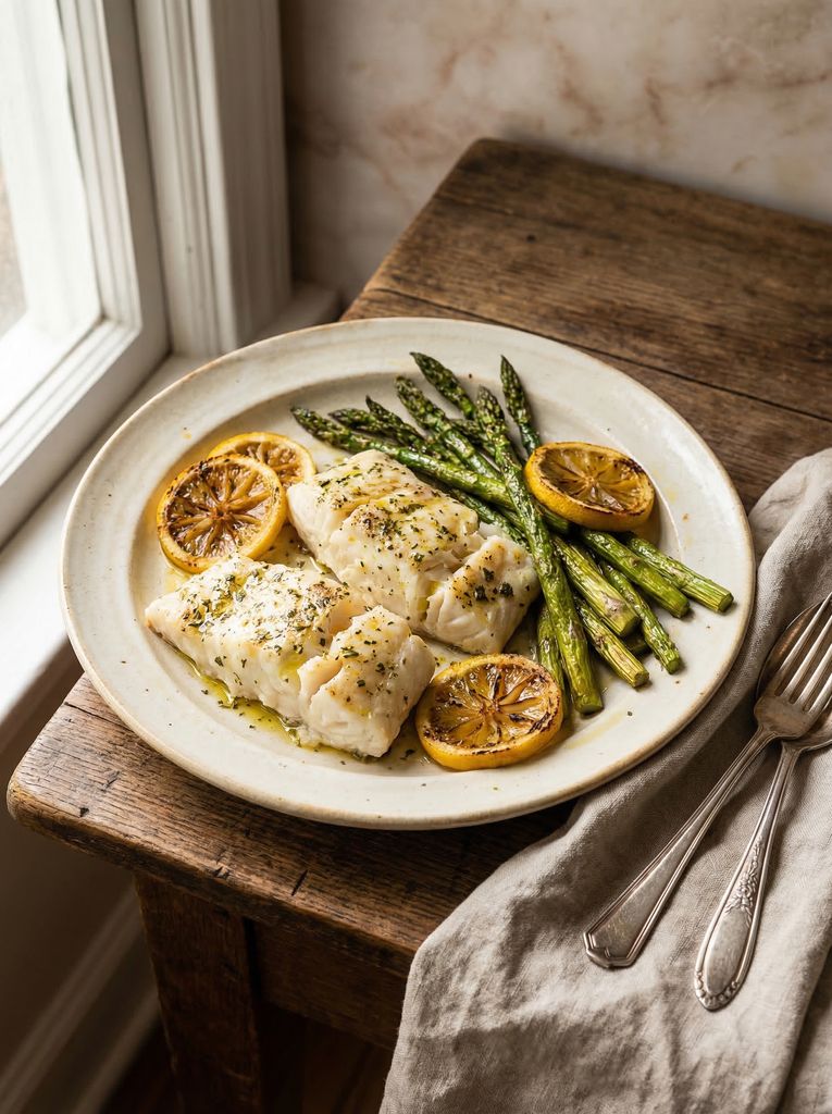Sheet Pan Cod with Lemon Asparagus, plated (AI-generated illustration)