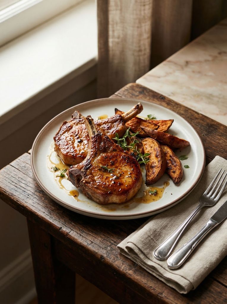 Sheet Pan Honey Mustard Pork Chops with Sweet Potatoes