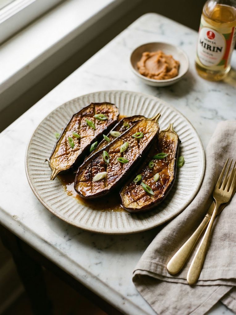 Sheet Pan Miso Glazed Eggplant, plated (AI-generated illustration)