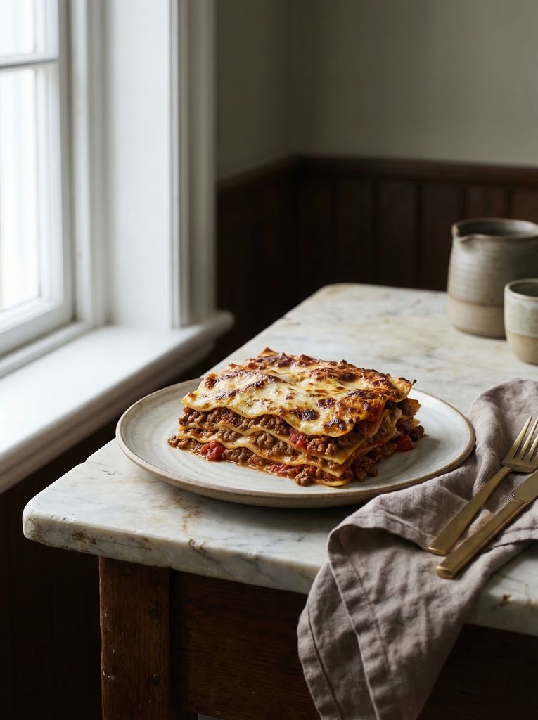 Beef Lasagna, plated (AI-generated illustration)