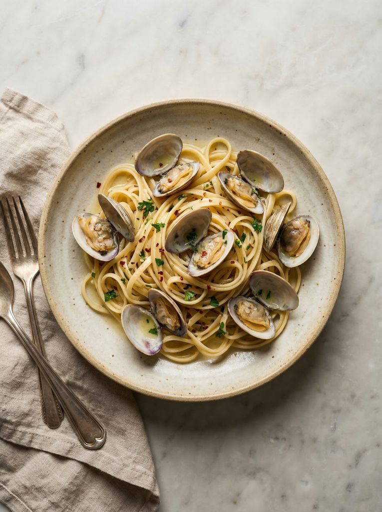 Clam Linguine, plated (AI-generated illustration)