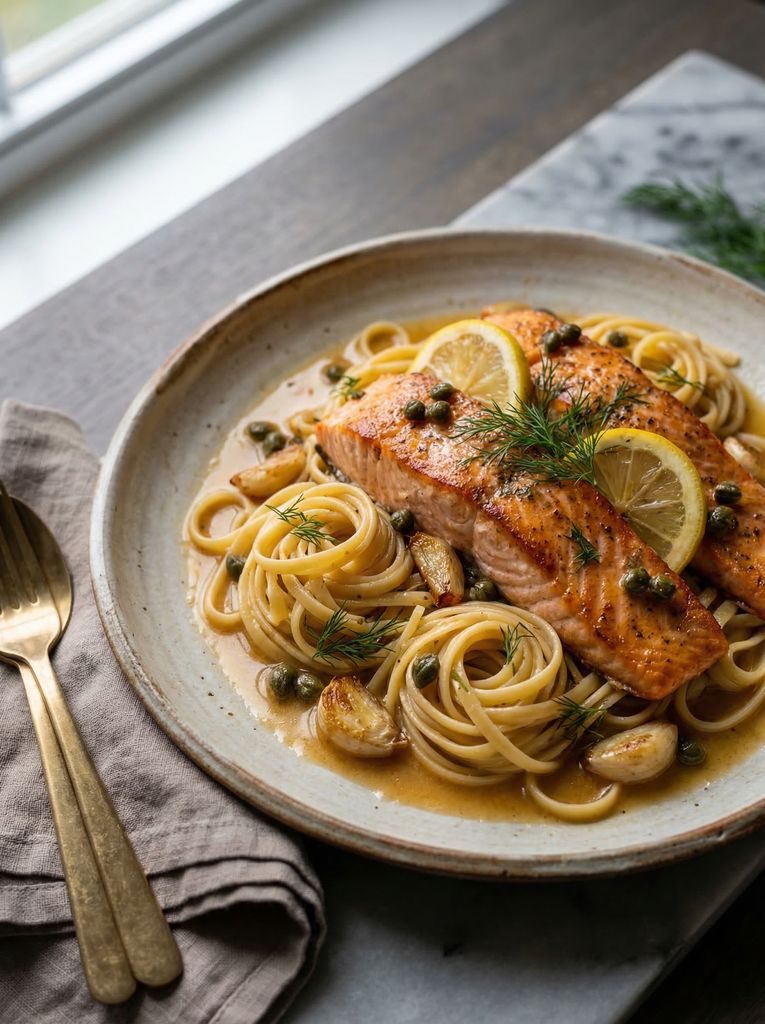 Lemon Garlic Butter Salmon Pasta