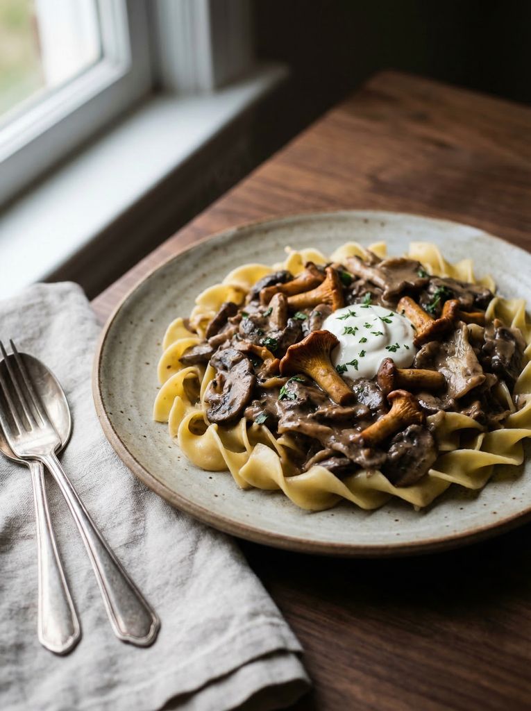 Mushroom Stroganoff Pasta, plated (AI-generated illustration)