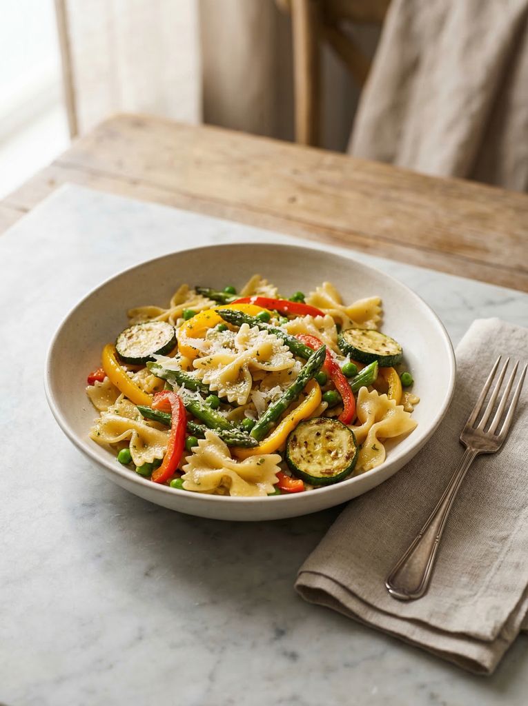 Pasta Primavera, plated (AI-generated illustration)