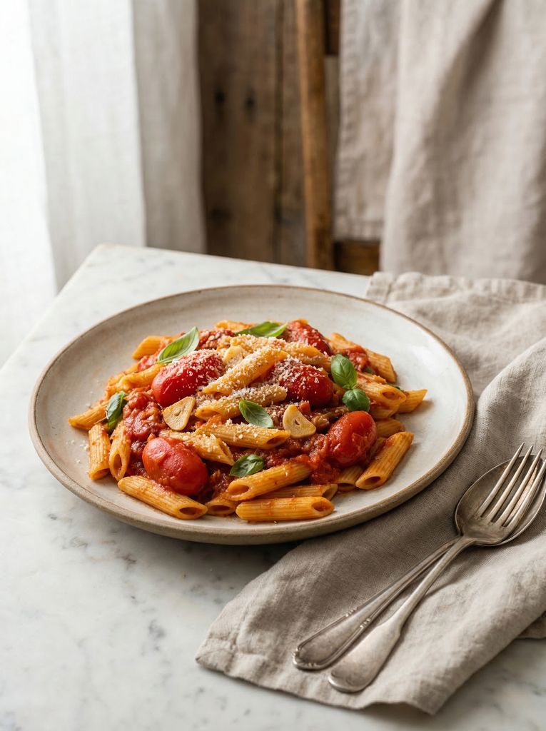 Penne Arrabbiata, plated (AI-generated illustration)