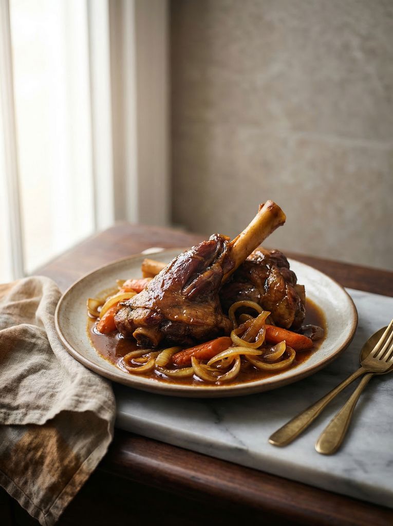 Instant Pot Lamb Shanks, plated (AI-generated illustration)