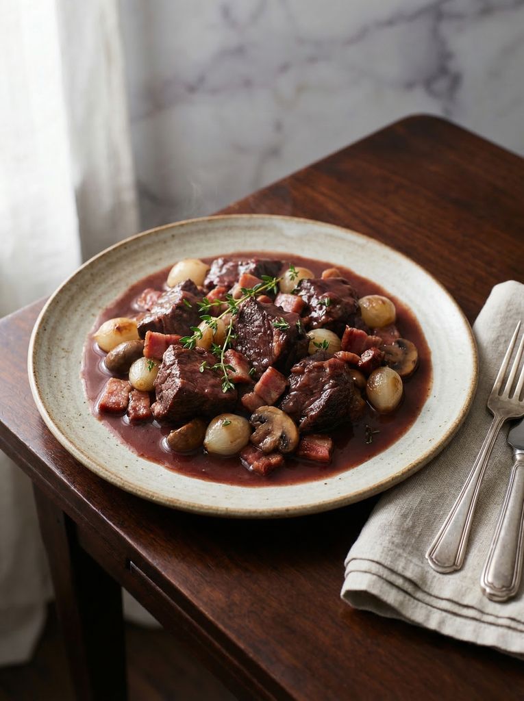 Slow Cooker Beef Bourguignon, plated (AI-generated illustration)