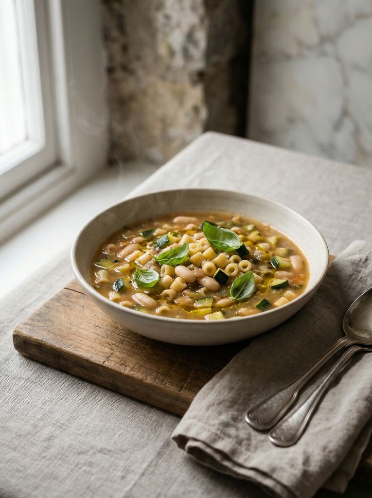 Classic Minestrone, plated (AI-generated illustration)