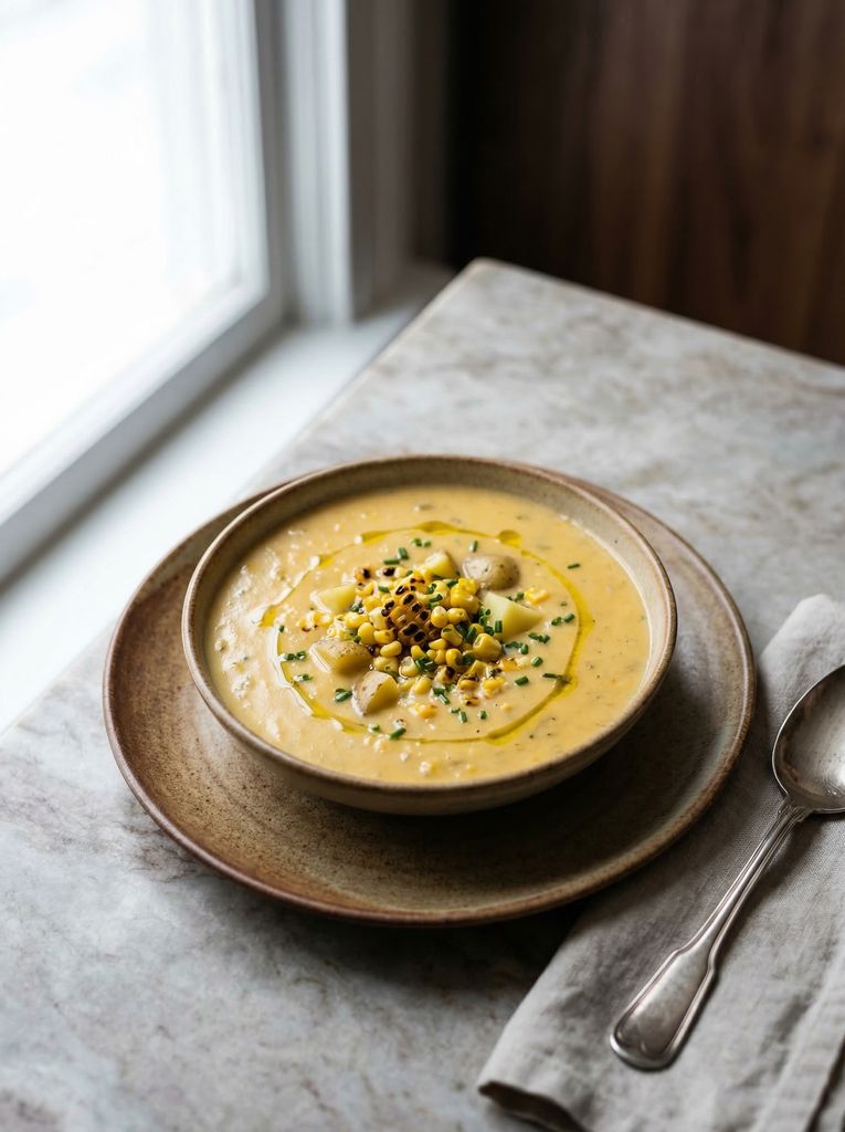 Corn and Potato Chowder, plated (AI-generated illustration)