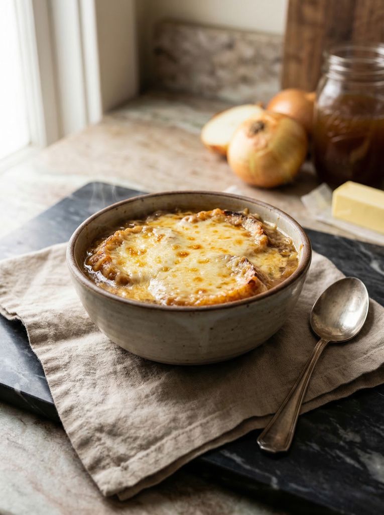 French Onion Soup, plated (AI-generated illustration)
