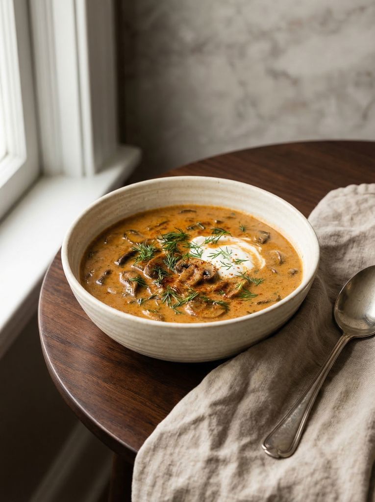 Hungarian Mushroom Soup, plated (AI-generated illustration)