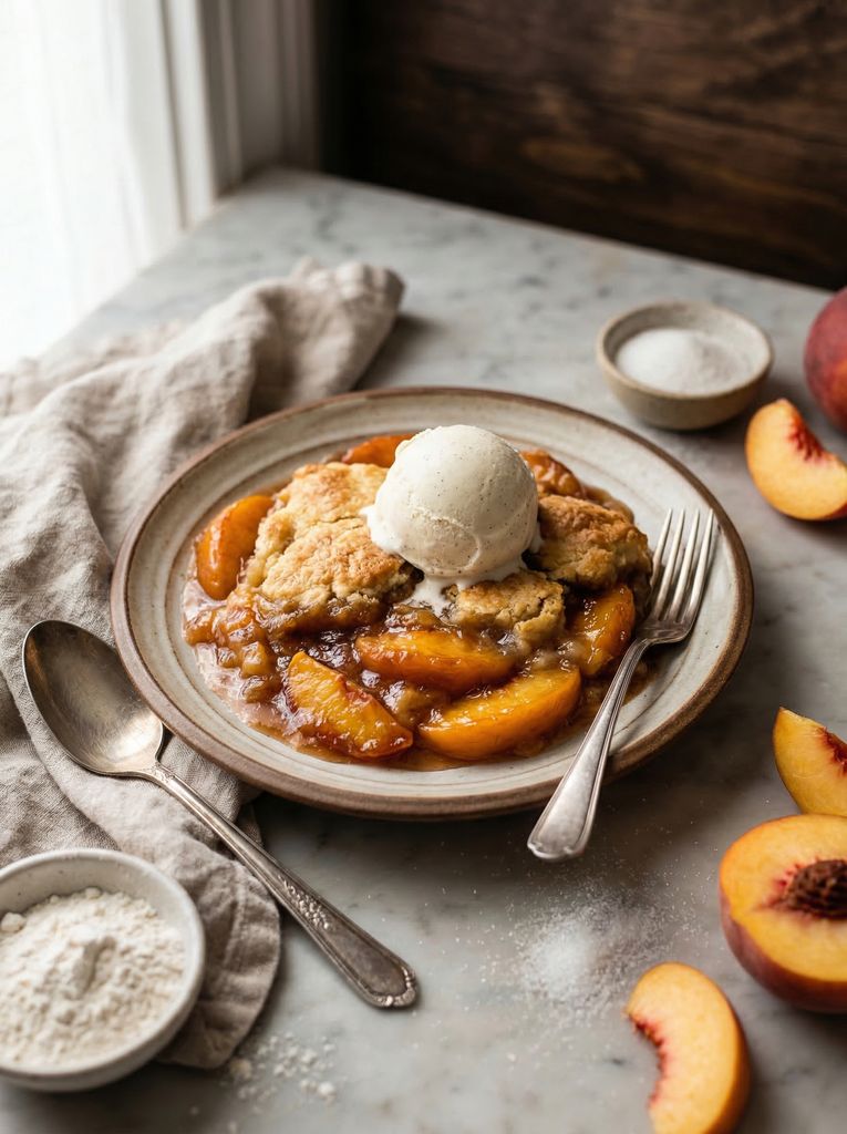 Peach Cobbler, plated (AI-generated illustration)
