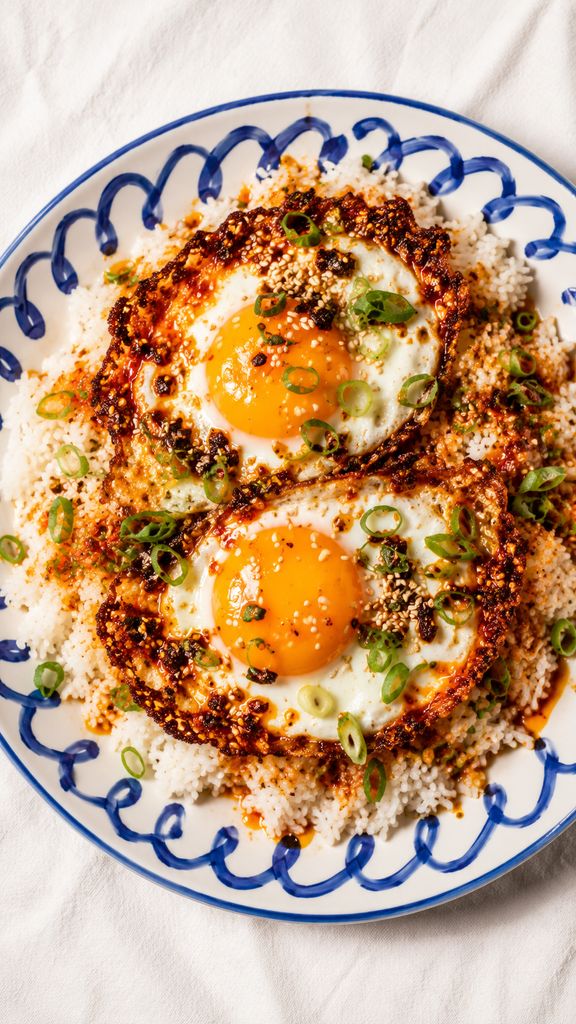 Crispy Chili Oil Eggs, plated (AI-generated illustration)
